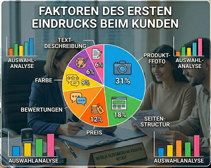 Faktoren des ersten Eindrucks beim Käufer – Farbe, Seitenstruktur, Produktfoto, Preis, Bewertungen, Textbeschreibung.