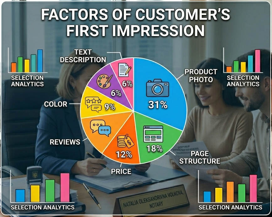 Factors of a buyer’s first impression — color, page structure, product photo, price, reviews, text description.