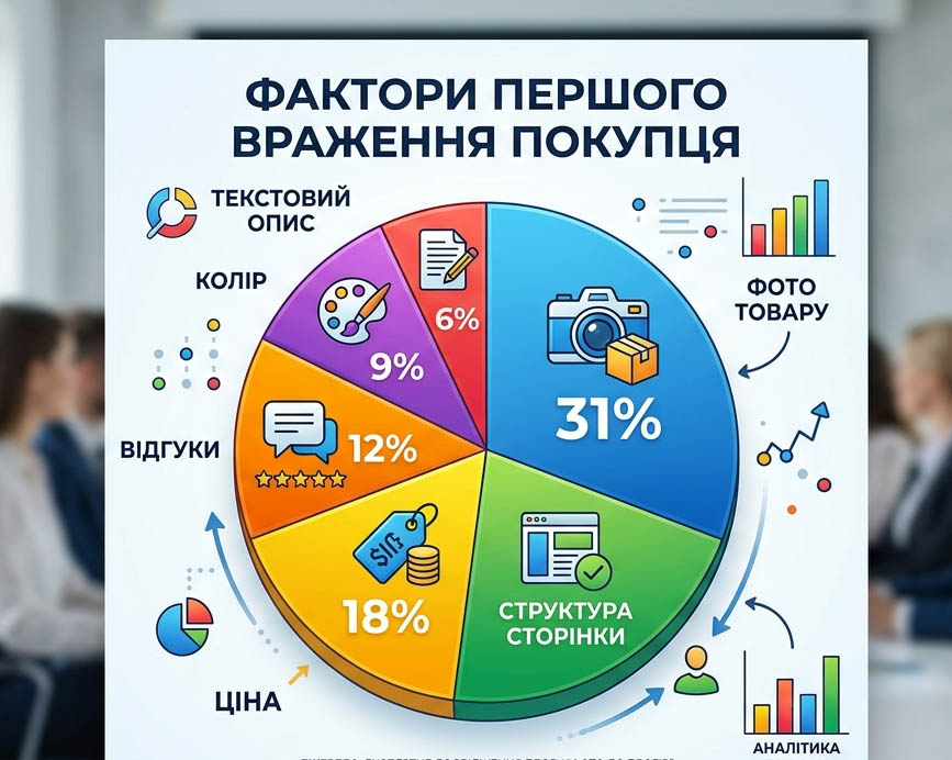 Фактори першого враження покупця» - колір, структура сторінки, фото товару, ціна, відгуки, текстовий опис.