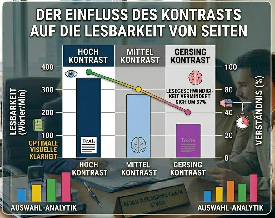 Vergleichsgrafik „Einfluss des Kontrasts auf die Lesbarkeit einer Seite“ – niedriger Kontrast, mittlerer Kontrast, hoher Kontrast.