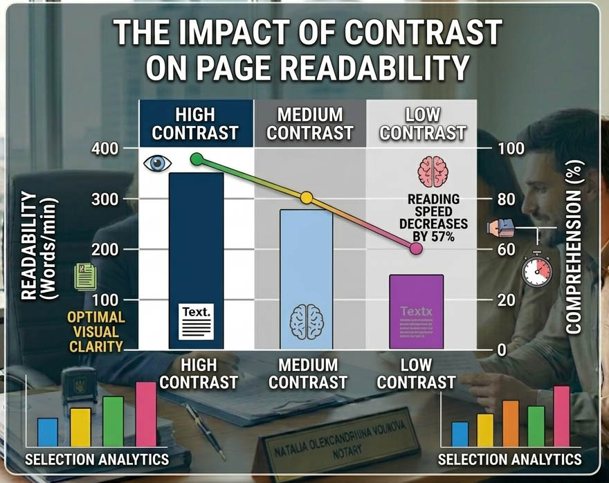 comparison chart “The impact of contrast on page readability” — low contrast, medium contrast, high contrast.