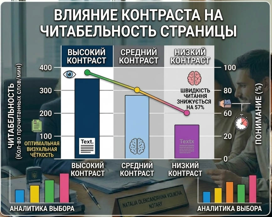 сравнительный график «Влияние контраста на читаемость страницы» — низкий контраст, средний контраст, высокий контраст.