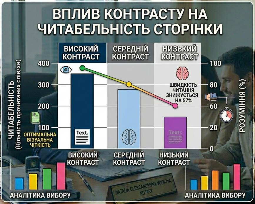 порівняльний графік «Вплив контрасту на читабельність сторінки» - низький контраст, середній контраст, високий контраст.